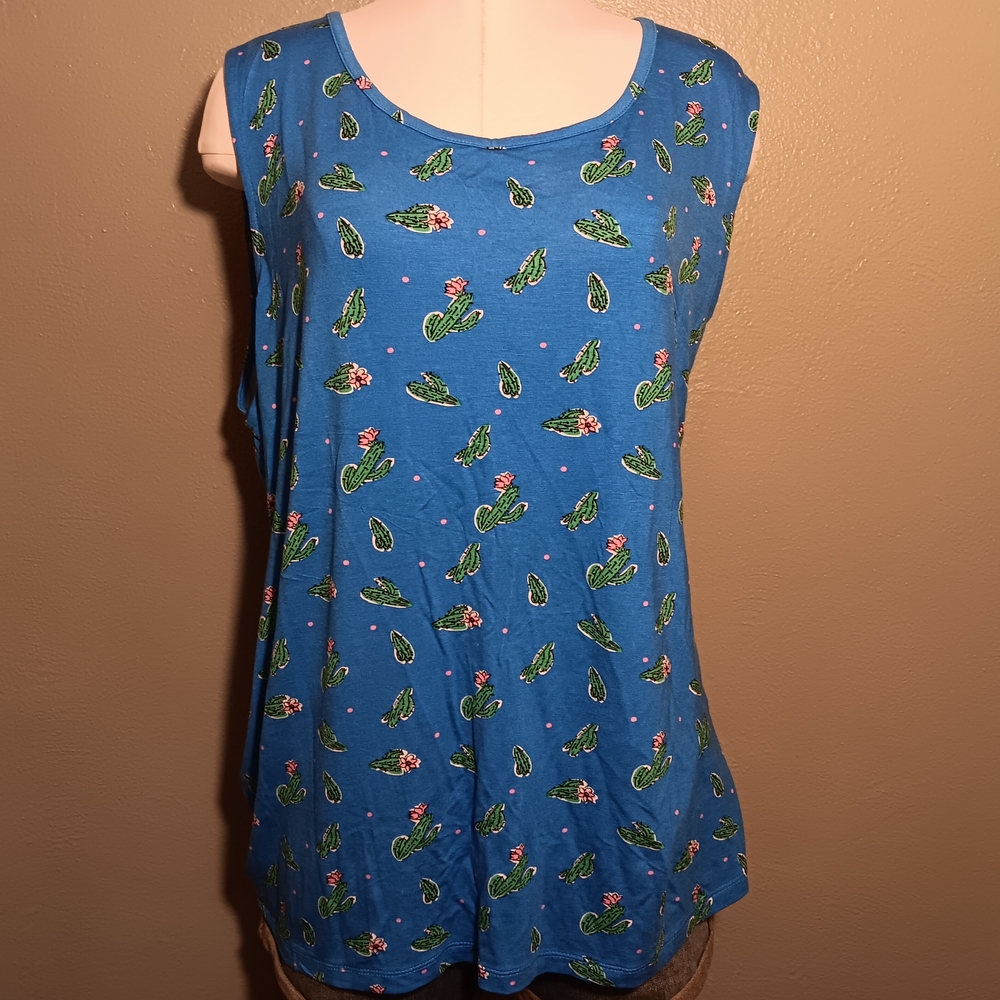Blue Cactus Print Sleeveless Top